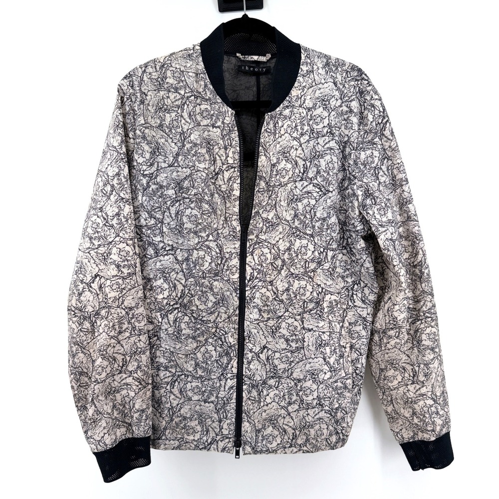 Theory Bomber Jacket Abstract Marble Print Large White Black Mens Lightweight